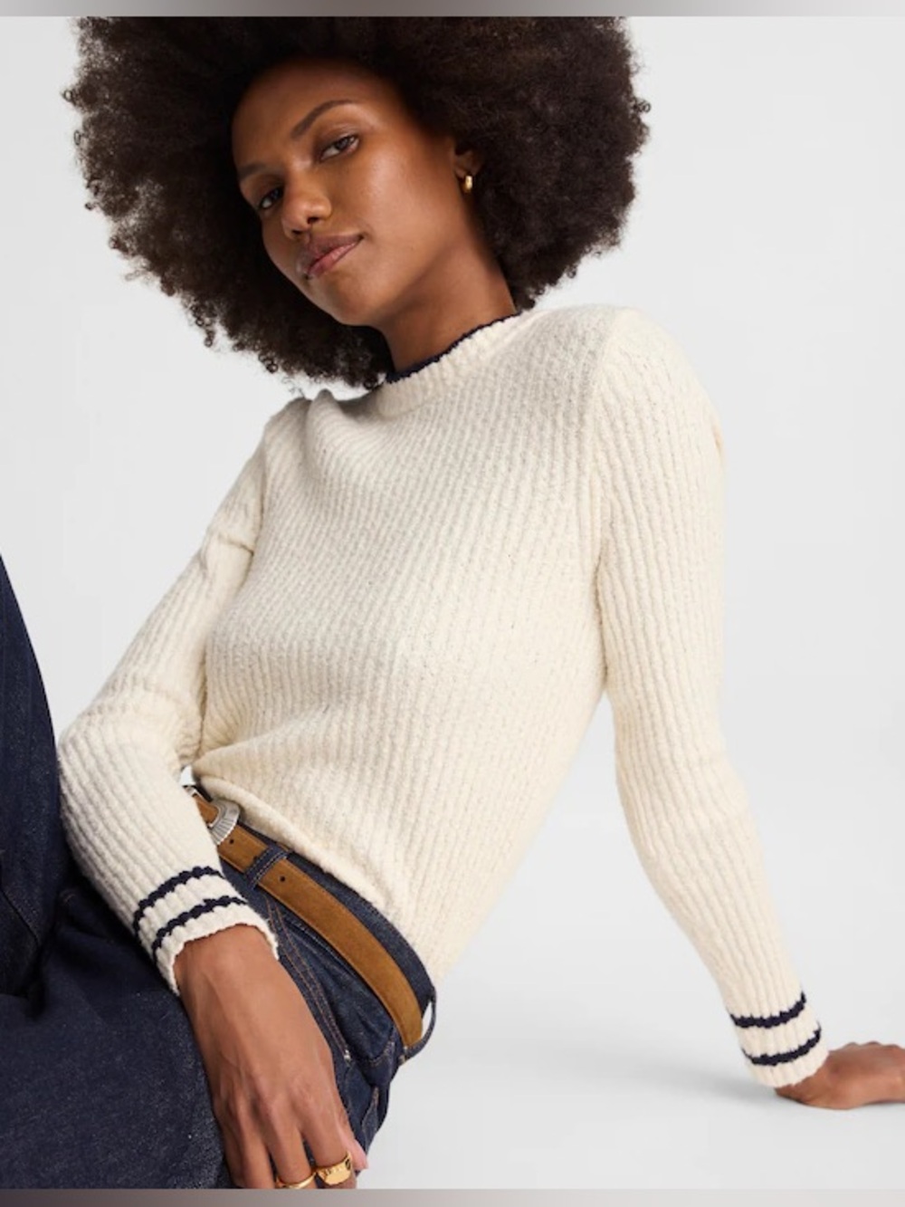 NWT Madewell Bouclé-Knit Crewneck Sweater in Cream with Navy Trim, Size XS